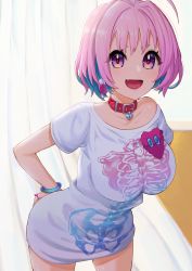 Rule 34 | 1girl, :d, absurdres, ahoge, blue hair, blush, bracelet, breasts, collar, collarbone, cowboy shot, curtains, earrings, fang, hand on own hip, heart-shaped lock, heart on chest, highres, idolmaster, idolmaster cinderella girls, impossible clothes, impossible shirt, jewelry, large breasts, leaning forward, looking at viewer, multicolored hair, open mouth, pill earrings, pink hair, print shirt, purple eyes, rerere, shirt, short hair, short sleeves, skeleton print, smile, solo, two-tone hair, v-shaped eyebrows, white shirt, yumemi riamu
