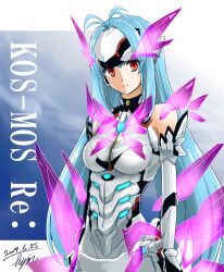 Rule 34 | 1girl, absurdres, armored leotard, blue hair, breasts, character name, closed mouth, core crystal (xenoblade), dated, elbow gloves, gloves, highres, hisin, holographic interface, kos-mos, kos-mos re:, leotard, long hair, looking at viewer, medium breasts, red eyes, signature, solo, very long hair, white gloves, white leotard, xenoblade chronicles (series), xenoblade chronicles 2, xenosaga