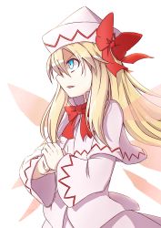 Rule 34 | 1girl, blonde hair, blue eyes, capelet, cracking knuckles, dress, fairy wings, female focus, hat, highres, lily white, long hair, own hands together, palm-fist, patterned, ribbon, serious, shaded face, simple background, solo, touhou, white background, white dress, wide sleeves, wings, yutamaro
