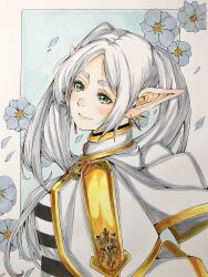 Rule 34 | 1girl, absurdres, blue background, blue flower, blush, capelet, commentary, drop earrings, earrings, flower, frieren, green eyes, grey hair, highres, hoshinokokaishi, jewelry, long hair, nemophila (flower), parted bangs, pointy ears, shirt, smile, solo, sousou no frieren, striped clothes, striped shirt, twintails, two-tone background, white background, white capelet