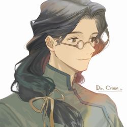 Rule 34 | 1boy, black eyes, black hair, character name, chinese clothes, citan uzuki, closed mouth, fujie-yz, glasses, hair ribbon, highres, long hair, male focus, multicolored hair, portrait, red hair, ribbon, simple background, solo, white background, xenogears, yellow ribbon