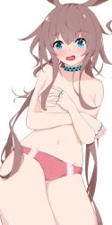 Rule 34 | 1girl, absurdres, amiya (arknights), animal ears, arknights, blue eyes, breasts, brown hair, choker, collarbone, commentary request, covering privates, covering breasts, cowboy shot, highres, infection monitor (arknights), kotoha (kotoha65), long hair, looking at viewer, navel, open mouth, panties, partial commentary, pink panties, rabbit ears, simple background, small breasts, solo, standing, stomach, topless, underwear, very long hair, white background