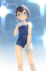Rule 34 | 1girl, blue-framed eyewear, blue one-piece swimsuit, breasts, brown hair, ceiling, commentary request, competition school swimsuit, covered navel, feet out of frame, glasses, gloves, green eyes, hand on own chest, heibonkaeru, highres, kantai collection, looking at viewer, multicolored hair, navel, okinami (kancolle), one-piece swimsuit, pink hair, school swimsuit, short hair, small breasts, solo, swimsuit, tile ceiling, tiles, white gloves
