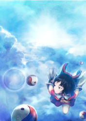 Rule 34 | 1girl, amekosame, black eyes, black hair, bow, cloud, day, detached sleeves, female focus, flying, frown, hair bow, hakurei reimu, japanese clothes, lens flare, miko, ponytail, solo, touhou