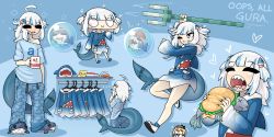 Rule 34 | 2girls, a (phrase), absurdres, ahoge, bloop (gawr gura), blue eyes, bubble, burger, chibi, closed eyes, collarbone, drooling, english text, fins, fish, fish tail, food, gawr gura, gawr gura (1st costume), highres, hololive, hololive english, hood, hoodie, limebreaker, loose clothes, loose shirt, md5 mismatch, mouth drool, multicolored hair, multiple girls, one eye closed, pants, polearm, resolution mismatch, sharp teeth, shirt, sleepy, slippers, smol ame, source smaller, sweatband, sweatpants, tail, teeth, trident, twintails, two-tone hair, virtual youtuber, walfie (style), watson amelia, weapon