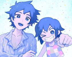 Rule 34 | 2boys, aqua background, bare arms, blue eyes, blue hair, blue pajamas, bright pupils, brothers, buttons, checkered clothes, checkered shirt, child, clenched hand, collarbone, collared shirt, colored skin, confetti, g tsurius, grin, hair behind ear, hair between eyes, hand on own arm, hero (headspace) (omori), hero (omori), kel (headspace) (omori), kel (omori), looking at viewer, multiple boys, omori, one eye closed, pajamas, purple skin, shirt, short hair, siblings, simple background, smile, striped clothes, striped pajamas, striped shirt, tank top, teeth, upper body, upper teeth only, v-shaped eyebrows, vertical-striped clothes, vertical-striped pajamas, vertical-striped shirt, white background, white pajamas, white pupils