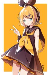 Rule 34 | 1girl, ahoge, bare shoulders, blonde hair, blush, brown dress, brown ribbon, brown sailor collar, captain yue, closed mouth, commentary request, dress, fingernails, green eyes, hair ornament, hair ribbon, hairclip, hand up, headphones, highres, kagamine rin, nail polish, neckerchief, orange background, orange nails, orange neckerchief, parted bangs, ribbon, sailor collar, sailor dress, sleeveless, sleeveless dress, smile, solo, twitter username, two-tone background, v, vocaloid, sour model (mikumikudance), white background, wrist cuffs, x hair ornament