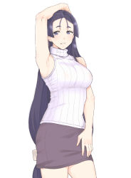Rule 34 | 1girl, arm on own head, arm up, armpits, breasts, cowboy shot, fate/grand order, fate (series), large breasts, long hair, low-tied long hair, minamoto no raikou (fate), miniskirt, mo (kireinamo), parted bangs, purple eyes, purple hair, purple skirt, skirt, sleeveless, sleeveless turtleneck, smile, solo, turtleneck, very long hair
