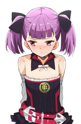 Rule 34 | 1girl, alternate hairstyle, bare shoulders, belt, blush, fate/grand order, fate (series), flat chest, helena blavatsky (fate), highres, jacket, looking away, purple eyes, purple hair, shiime, short hair, solo, strapless, sefirot, twintails