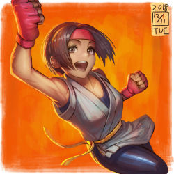 Rule 34 | 1girl, :d, armpits, bare shoulders, belt, bodysuit, brown eyes, brown hair, dated, fingerless gloves, gloves, headband, highres, ikeda (cpt), jumping, looking at viewer, open mouth, orange background, red gloves, ryuuko no ken, sash, short hair, signature, smile, snk, solo, the king of fighters, yuri sakazaki