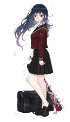 Rule 34 | 1girl, absurdres, bag, bandaid, bandaid on face, bandaid on knee, bandaid on leg, bandaid on nose, bare legs, baseball bat, black bag, black footwear, black sailor collar, black skirt, blood, bloody weapon, blue hair, closed mouth, de yi, falling petals, from side, full body, gradient hair, highres, holding, holding baseball bat, loafers, long hair, long sleeves, looking at viewer, looking to the side, multicolored hair, nail, nail bat, original, petal in mouth, petals, pleated skirt, purple hair, red eyes, red shirt, sailor collar, school bag, school uniform, serafuku, shirt, shoes, simple background, skirt, sleeves past wrists, solo, standing, weapon, white background