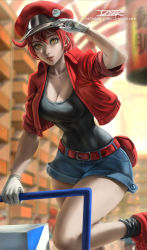 Rule 34 | 1girl, ae-3803, belt, blue shorts, blurry, blurry background, breasts, cabbie hat, cleavage, foot out of frame, gloves, hand up, hat, hataraku saibou, izhardraws, jacket, orange eyes, parted lips, red belt, red hair, red hat, red jacket, shadow, shirt tucked in, short hair, shorts, smile, solo, white gloves