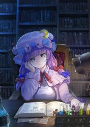 Rule 34 | blue bow, book, book stack, bookshelf, bow, crescent, crescent hat ornament, dress, hat, hat ornament, highres, holding, holding book, long hair, long sleeves, mob cap, open book, patchouli knowledge, purple eyes, purple hair, quill, reading, red ribbon, ribbon, solo, striped clothes, striped dress, touhou, tyasuzu