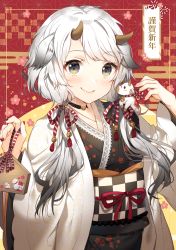 Rule 34 | 1girl, animal, animal ears, animal on shoulder, asa no ha (pattern), bell, blush, choker, closed mouth, commentary request, cow, cow ears, cow girl, cow horns, egasumi, ema, gradient hair, hair bell, hair ornament, hair over shoulder, hands up, highres, hiiragi souren, horns, japanese clothes, kimono, long hair, long sleeves, looking at viewer, low twintails, multicolored hair, nail polish, neck bell, new year, obi, original, sash, smile, solo, swept bangs, translation request, twintails, unmoving pattern, upper body, wide sleeves