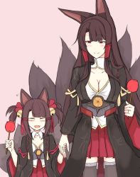 Rule 34 | 2girls, aged down, akagi-chan (azur lane), akagi (azur lane), animal ears, azur lane, bell, blunt bangs, blush, breasts, brown hair, candy apple, cleavage, closed mouth, collarbone, commentary request, detached collar, dual persona, food, fox ears, fox tail, hair bell, hair ornament, hair ribbon, height difference, highres, holding hands, japanese clothes, jewelry, kimono, kitsune, kyuubi, large breasts, long sleeves, looking at another, mother and daughter, multiple girls, multiple tails, open mouth, pink background, pleated skirt, red ribbon, red skirt, ribbon, ring, sakuramon, satou mizu, short twintails, sidelocks, simple background, skirt, small breasts, smile, standing, straight hair, tail, twintails, wedding band, wide sleeves