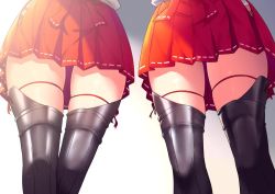 Rule 34 | 2girls, black footwear, boots, from below, gradient background, grey background, head out of frame, japanese clothes, kantai collection, knee boots, lower body, multiple girls, ohiya, pleated skirt, red skirt, shoukaku (kancolle), simple background, skindentation, skirt, standing, thighhighs, thighs, zuikaku (kancolle)