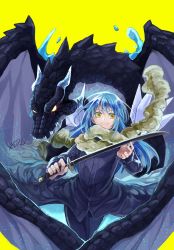Rule 34 | 1boy, 1other, androgynous, bad id, bad pixiv id, blue hair, closed mouth, dragon, fur, fur-trimmed sleeves, fur collar, fur trim, hair between eyes, highres, horns, ice, katana, long hair, long sleeves, looking at viewer, rimuru tempest, scales, scarf, setsuna (1zi9), simple background, smile, sword, tensei shitara slime datta ken, veldora (tensei shitara slime datta ken), water, weapon, wings, yellow background, yellow eyes