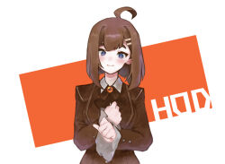 Rule 34 | 1girl, ahoge, blue eyes, blush, bow, bowtie, brown bow, brown bowtie, brown coat, brown hair, closed mouth, coat, collared shirt, frilled sleeves, frills, hair ornament, hairclip, hod (project moon), library of ruina, long sleeves, medium hair, project moon, shirt, smile, solo, uchimura (rino0525), upper body, white shirt