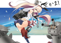 Rule 34 | 10s, 1girl, ass, black panties, blonde hair, character name, elbow gloves, gloves, grin, hairband, harumiya (acquetta1101), harumiya hiro, highres, kantai collection, long hair, ocean, panties, pantyshot, rensouhou-chan, salute, shimakaze (kancolle), signature, skirt, sky, smile, solo, striped clothes, striped thighhighs, thighhighs, thong, underwear, upskirt, whale tail (clothing), white gloves, | |, || ||