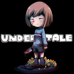 Rule 34 | androgynous, black background, blood, blood on clothes, blood on face, blood splatter, bob cut, clenched hand, closed eyes, copyright name, expressionless, flower, frisk (undertale), full body, gender request, highres, holding, holding knife, kitchen knife, knife, long sleeves, r-ko (rayla), shoes, short hair, shorts, simple background, socks, solo, standing, swept bangs, undertale, yellow flower