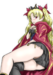 Rule 34 | 1girl, absurdres, artist request, ass, black panties, blonde hair, blush, breasts, bridal gauntlets, cape, dress, earrings, ereshkigal (fate), fate/grand order, fate (series), hair ribbon, highres, jewelry, long hair, looking at viewer, lying, medium breasts, on side, panties, red cape, red eyes, red ribbon, ribbon, shiny skin, single thighhigh, skirt, solo, sweatdrop, thighhighs, tiara, tohsaka rin, twintails, underwear, upskirt