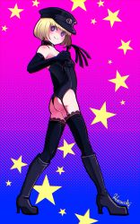 Rule 34 | + +, 1girl, artist name, ass, bare shoulders, black footwear, black gloves, black hat, black leotard, black thighhighs, blonde hair, blue background, blue eyes, blush, boots, breasts, chromatic aberration, closed mouth, collar, elbow gloves, female focus, full body, garter straps, gloves, gradient background, hand up, happy, haruchi, hat, high heels, highres, holding, knee boots, lace, lace-trimmed legwear, lace trim, legs apart, leotard, looking back, original, pink background, short hair, signature, small breasts, smile, solo, standing, star (symbol), strapless, strapless leotard, thighhighs, whip