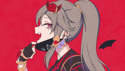 Rule 34 | 1girl, alternate hairstyle, bandaid, black gloves, black hair, black jacket, earrings, fangs, fingerless gloves, flower, fu hua, fu hua (shadow knight), gloves, gunsou, hair flower, hair ornament, highres, honkai (series), honkai impact 3rd, jacket, jewelry, looking at viewer, looking to the side, mask, mouth mask, open mouth, ponytail, red background, red eyes, red flower, red rose, rose, simple background, vampire (vocaloid), vocaloid
