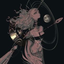 Rule 34 | 1girl, android, black background, closed mouth, completely nude, cross, crown, floating hair, full moon, halo, highres, impaled, long hair, moon, narue, navel, nude, orbital path, original, polearm, robot, simple background, solo, spear, weapon