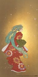 Rule 34 | 1girl, absurdres, aqua hair, brown background, closed mouth, expressionless, facing to the side, falling petals, floral print, from behind, full body, glowing, hatsune miku, highres, japanese clothes, kimono, long hair, long sleeves, looking to the side, obi, official art, petals, profile, red kimono, rella, sash, second-party source, simple background, solo, standing, twintails, very long hair, vocaloid, wide sleeves, yellow background