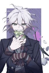 Rule 34 | 1boy, black jacket, blood, chain, collar, commentary request, danganronpa (series), danganronpa another episode: ultra despair girls, flower, gloves, green flower, hair between eyes, hand up, highres, jacket, komaeda nagito, long sleeves, looking at viewer, male focus, metal collar, official alternate costume, parted lips, petals, pink blood, red shirt, servant (danganronpa), shirt, smile, solo, striped clothes, striped gloves, striped shirt, teeth, upper body, white background, white flower, ziling