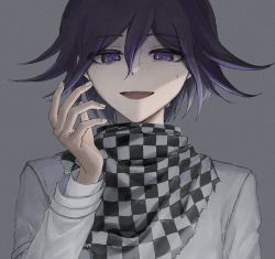 Rule 34 | 1boy, :d, aji kosugi, black hair, checkered background, checkered clothes, checkered scarf, commentary request, danganronpa (series), danganronpa v3: killing harmony, grey background, hair between eyes, hand up, highres, long sleeves, looking at viewer, male focus, open mouth, oma kokichi, purple eyes, purple hair, scarf, short hair, smile, solo, straitjacket, sweat, upper body