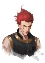 Rule 34 | 1boy, absurdres, black shirt, closed mouth, commentary, cropped torso, facepaint, facial mark, grey eyes, highres, hisoka morow, hunter x hunter, looking at viewer, male focus, red hair, shirt, short hair, simple background, sleeveless, sleeveless shirt, smile, solo, stan., star (symbol), star facial mark, teardrop facial mark, upper body, white background