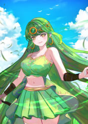 Rule 34 | 1girl, absurdres, bare shoulders, bird, blue sky, breasts, camisole, chinese commentary, circlet, cleavage, closed mouth, collarbone, cowboy shot, day, earrings, gem, grass, green camisole, green gemstone, green hair, green skirt, hanbao (gararara0921), highres, hoop earrings, irena (maplestory), jewelry, large breasts, legs together, long hair, maplestory, miniskirt, navel, outdoors, pink lips, pleated skirt, skirt, sky, smile, solo, split mouth, very long hair, yellow eyes