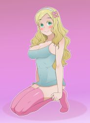Rule 34 | 1girl, absurdres, bare shoulders, blonde hair, blush stickers, breasts, carol olston, cleavage, closed mouth, collarbone, dress shirt, full body, gradient background, green eyes, hairband, highres, kneeling, large breasts, long hair, looking at viewer, outline, pink background, pink thighhighs, purple background, rodjim, shirt, sleeveless, smile, solo, thighhighs, tomo-chan wa onna no ko, white outline, white shirt