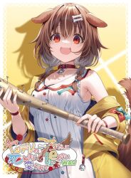 Rule 34 | 1girl, :3, :d, animal collar, animal ears, baseball bat, bone hair ornament, braid, breasts, brown hair, collar, commentary, cowboy shot, dog ears, dog girl, dog tail, dress, drop shadow, empty eyes, evil smile, female focus, gurasion (gurasion), hair between eyes, hair ornament, holding, holding baseball bat, hololive, inugami korone, inugami korone (1st costume), jacket, japanese text, looking at viewer, low twin braids, medium hair, nail, nail bat, nail polish, off shoulder, open clothes, open jacket, open mouth, red collar, red wristband, shaded face, simple background, sleeveless, sleeveless dress, smile, solo, standing, tail, teeth, translated, twin braids, upper teeth only, virtual youtuber, white dress, wristband, yandere, yellow background, yellow jacket, yellow nails