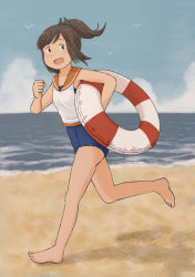 Rule 34 | 1girl, beach, bird, blouse, blue one-piece swimsuit, bright pupils, brown eyes, brown hair, chii-kun (seedyoulater), cloud, commentary request, holding, holding swim ring, i-401 (kancolle), innertube, kantai collection, looking at viewer, ocean, one-piece swimsuit, open mouth, ponytail, running, sailor collar, school swimsuit, seagull, shirt, sleeveless, sleeveless shirt, smile, solo, swim ring, swimsuit, swimsuit under clothes, white pupils, white shirt