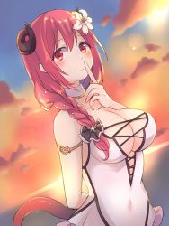 Rule 34 | 1girl, blush, breasts, demon girl, demon horns, demon tail, gucchiann, highres, horns, io (princess connect!), large breasts, long hair, looking at viewer, princess connect!, red eyes, red hair, swimsuit, tail