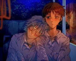 Rule 34 | 2boys, absurdres, blue eyes, brown hair, bubble, buttons, chinese commentary, clenched teeth, closed eyes, collarbone, collared shirt, colored eyelashes, commentary request, earbuds, earphones, head on another&#039;s shoulder, highres, ikari shinji, indoors, light blush, listening to music, long sleeves, looking at another, male focus, multiple boys, nagisa kaworu, neon genesis evangelion, pale skin, parted lips, pink lips, psycho373, reflection, shirt, short hair, sleeping, straight-on, tank top, teeth, train interior, upper body, white hair, white shirt, white tank top, window, yellow tank top
