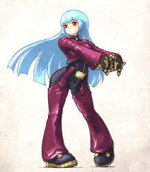 Rule 34 | 1girl, belt, blue hair, bodysuit, breasts, full body, gloves, highres, hip focus, interlocked fingers, ironlily, kula diamond, long hair, looking to the side, medium breasts, red eyes, simple background, the king of fighters, white background, zipper