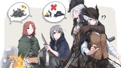 Rule 34 | !?, 4girls, absurdres, ascot, bandaged arm, bandages, bloodborne, blue cloak, bonfire, brown gloves, brown hair, brown vest, campfire, camping, cape, cloak, coat, cooking, double-blade, elden ring, facial tattoo, fire, food, gloves, grey eyes, grey hair, hat, hat feather, highres, holding, holding another&#039;s hair, holding knife, holding weapon, hood, hooded cape, hooded cloak, hunter (bloodborne), knife, lady maria of the astral clocktower, looking at another, marshmallow, medium hair, melina (elden ring), multiple girls, octopus, one-eyed, pin.s, rakuyo (bloodborne), roasted marshmallow, roasting, shirt, signature, skewer, stick, tarnished (elden ring), tattoo, tricorne, twitter username, vest, weapon, white ascot, white hair, white shirt, yellow eyes