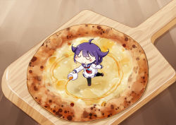 Rule 34 | 1girl, blush, chibi, closed eyes, closed mouth, commentary request, food, food focus, hair flaps, hinata yuu, holding, in food, kantai collection, long hair, low twintails, mini person, minigirl, pantyhose, pizza, purple hair, smile, solo, standing, standing on object, standing on one leg, taigei (kancolle), twintails, whale