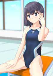 Rule 34 | 1girl, black hair, blue eyes, blue one-piece swimsuit, breasts, competition swimsuit, cowboy shot, hand on own thigh, highres, indoors, light smile, logo, looking away, low twintails, one-piece swimsuit, original, short hair, sitting, small breasts, solo, starting block, swimsuit, takafumi, twintails, window