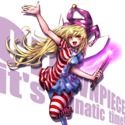 Rule 34 | 1girl, american flag dress, american flag legwear, american flag shirt, blonde hair, character name, clownpiece, dress, english text, fairy wings, hat, jester cap, legacy of lunatic kingdom, long hair, miata (miata8674), open mouth, outstretched arm, pantyhose, print dress, red eyes, short dress, simple background, smile, solo, standing, standing on one leg, striped clothes, striped dress, striped pantyhose, torch, touhou, very long hair, wings