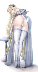 Rule 34 | 1girl, :o, absurdres, alternate costume, arknights, ass, bare shoulders, bent over, blue eyes, blue hairband, blush, braid, clothes lift, dragon horns, dress, dress lift, elbow gloves, from behind, full body, gloves, grey dress, grey footwear, grey gloves, grey thighhighs, hairband, high heels, highres, horns, lifting own clothes, long hair, looking at viewer, looking back, panties, parted lips, pointy ears, poni (poni arknights), saileach (arknights), simple background, solo, standing, thigh gap, thighhighs, twin braids, underwear, very long hair, white background, white panties