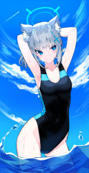 Rule 34 | 1girl, absurdres, animal ear fluff, animal ears, armpits, arms behind head, blue archive, blue eyes, blue sky, cloud, cloudy sky, collarbone, commentary request, competition swimsuit, cross hair ornament, extra ears, grey hair, groin, hair between eyes, hair ornament, halo, highleg, highleg swimsuit, highres, honi (honi1010), horizon, in water, leaning forward, looking at viewer, low ponytail, medium hair, mismatched pupils, ocean, official alternate costume, official alternate hairstyle, one-piece swimsuit, outdoors, parted lips, shallow water, shiroko (blue archive), shiroko (swimsuit) (blue archive), sidelocks, sky, sleeveless, solo, swimsuit, water, wolf ears, wolf girl