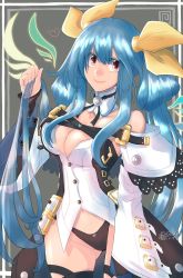 Rule 34 | 1girl, angel wings, asymmetrical wings, bare shoulders, belt, black panties, breasts, buttons, choker, cleavage, clothing cutout, collarbone, dated, detached collar, dizzy (guilty gear), gluteal fold, guilty gear, guilty gear xrd, hair between eyes, hair ribbon, hair rings, hand in own hair, heart, highres, holding, holding hair, large breasts, long hair, looking at viewer, mariebell, off shoulder, panties, red eyes, ribbon, sidelocks, signature, skindentation, smile, solo, thick thighs, thigh gap, thigh strap, thighs, twintails, underwear, wide sleeves, wings, yellow ribbon