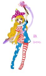 Rule 34 | 1girl, absurdres, american flag dress, american flag legwear, american flag shirt, blonde hair, clownpiece, commentary request, derivative work, dress, fairy, full body, hat, highres, holding, holding torch, jester cap, korean commentary, kuya (hey36253625), legacy of lunatic kingdom, leggings, long hair, looking at viewer, neck ruff, no wings, open mouth, pantyhose, polka dot, polka dot headwear, purple eyes, purple hat, simple background, star (symbol), star print, striped clothes, striped dress, torch, touhou, translation request, very long hair, white background
