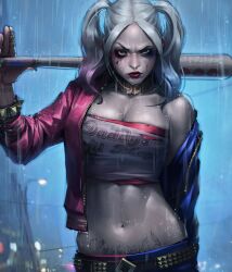 Rule 34 | 1girl, baseball bat, batman (series), blonde hair, blue eyes, breasts, cloud, commentary, dc comics, dc extended universe, english commentary, harley quinn, highres, holding, jee-hyung lee, large breasts, looking at viewer, makeup, midriff, multicolored hair, navel, outdoors, rain, short hair, solo, suicide squad, twintails, western comics (style)