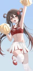 Rule 34 | 1girl, :d, absurdres, alternate costume, arm up, armpits, bad id, bad twitter id, bare arms, bare shoulders, breasts, brown hair, cheerleader, crop top, educk, flower, genshin impact, hair flower, hair ornament, hair rings, hand up, highres, holding, holding pom poms, hu tao (genshin impact), leg up, long hair, looking at viewer, mary janes, midriff, miniskirt, navel, open mouth, pleated skirt, pom pom (cheerleading), pom poms, red eyes, red footwear, red shirt, shirt, shoes, skirt, sleeveless, sleeveless shirt, small breasts, smile, solo, star-shaped pupils, star (symbol), stomach, symbol-shaped pupils, thighhighs, thighs, twintails, white skirt, white thighhighs, zettai ryouiki
