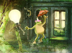 Rule 34 | 1other, commentary request, fantasy, flower, frog, hachiya shohei, highres, holding, horizontal pupils, jumping, light bulb, moss, original, personification, puddle, rain, scenery, solo, umbrella, water, window